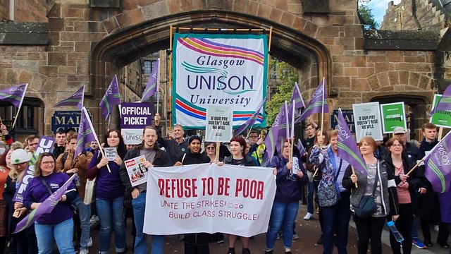 Strikers on the picket line outside Glasgow University
