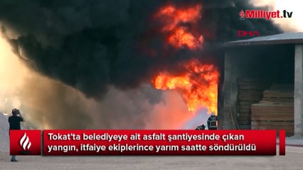 Tokat'ta asfalt şantiyesinde çıkan yangın korkuttu