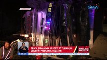 Truck, bumangga sa poste at tumagilid; Driver at pahinante, sugatan | UB