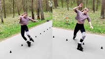 Skater girl flawlessly slaloming during a warm-up session
