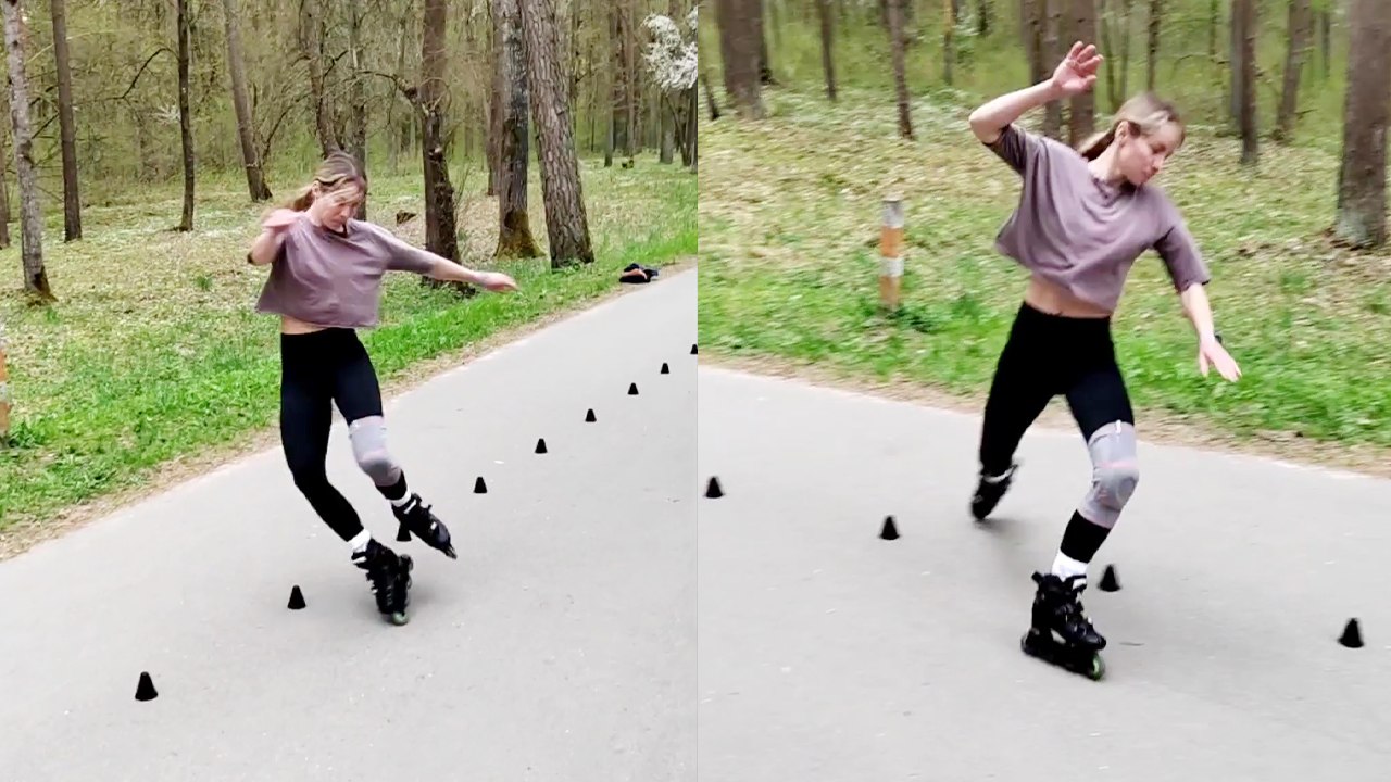 Skater girl flawlessly slaloming during a warm-up session