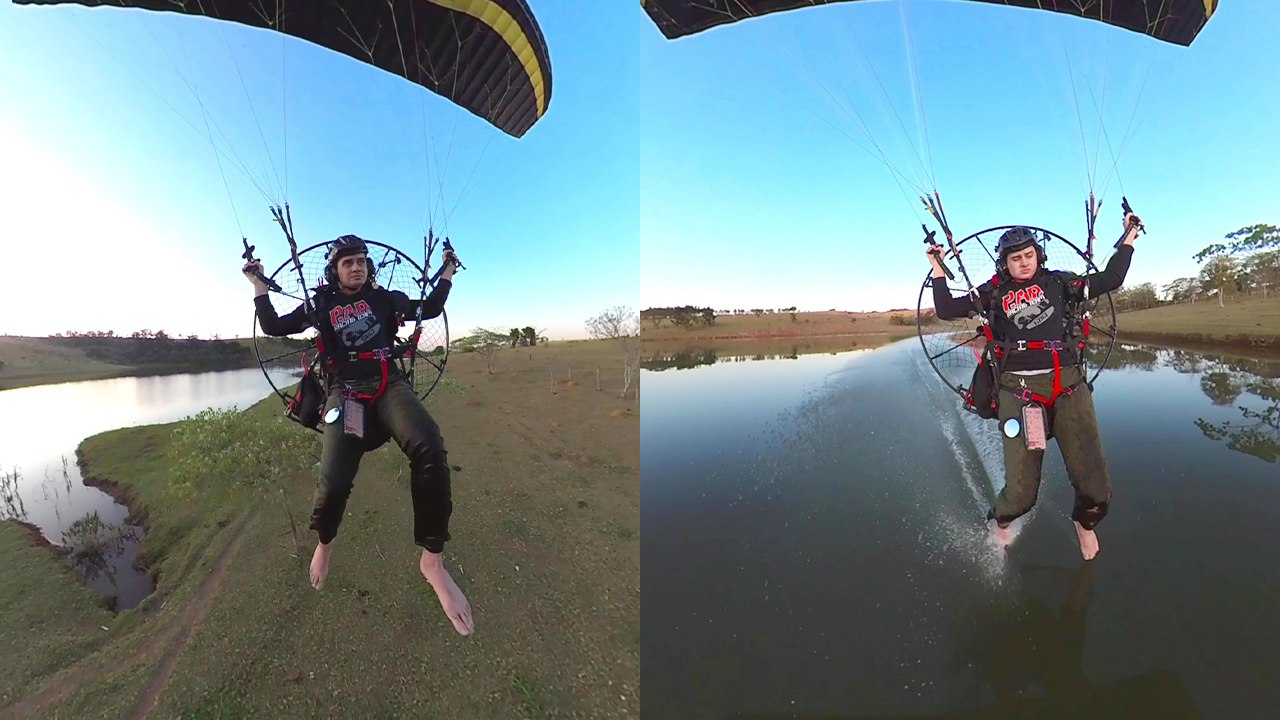 Guy tests his new 360-degree camera during adventure-filled, fast-paced paramotor flight