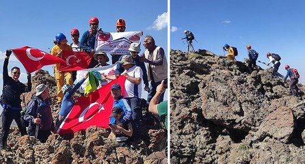 Tendürek Dağı’nın zirvesinde Türk bayrağı açıp, İstiklal Marşı okudular