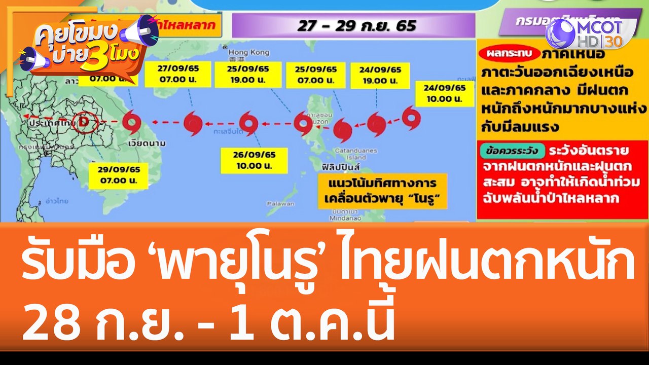 อุตุฯ เตือน รับมือ 'พายุโนรู' ทำไทยฝนตกหนัก 28 ก.ย. - 1 ต.ค.นี้ (26 ก.ย. 65) คุยโขมงบ่าย 3 โมง