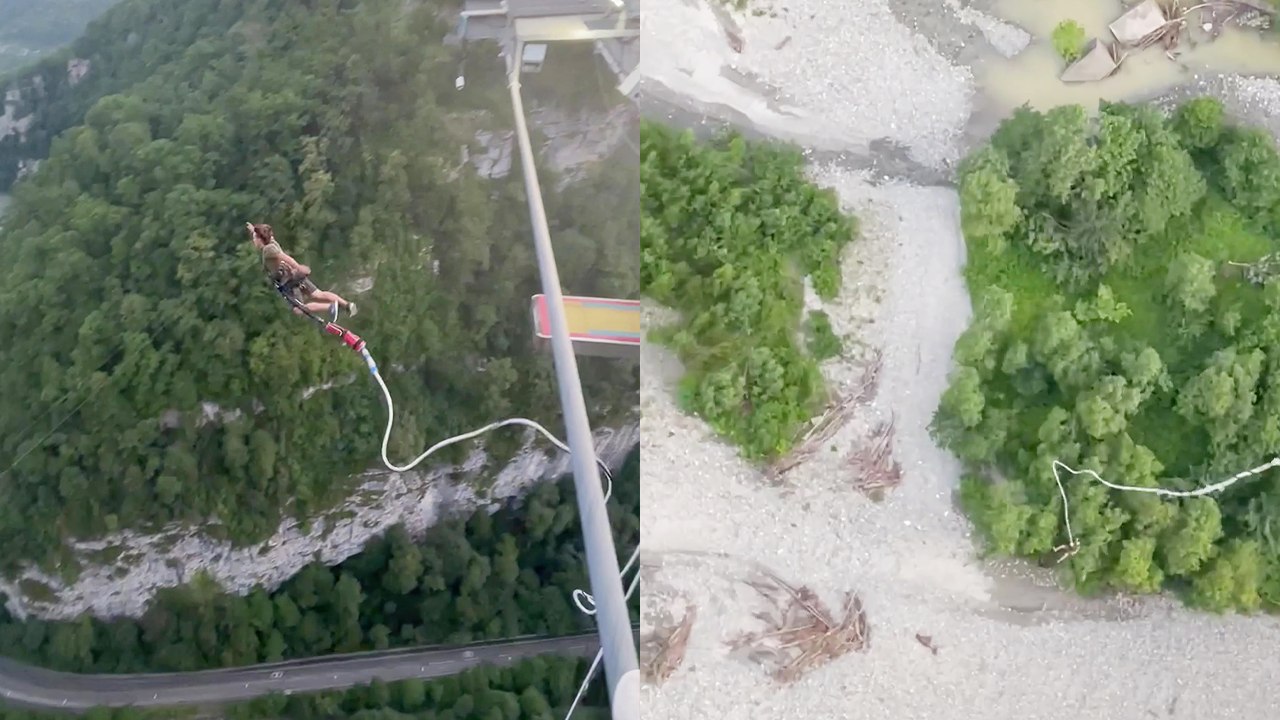 Russian daredevil runs across a high bridge and then bungee jumps off of it