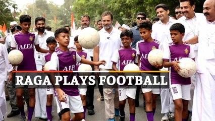 Rahul Gandhi plays football with kids during Congress’ Bharat Jodo Yatra in Palakkad, Kerala