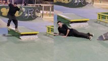 Skateboarder embarrasses himself while trying to grind