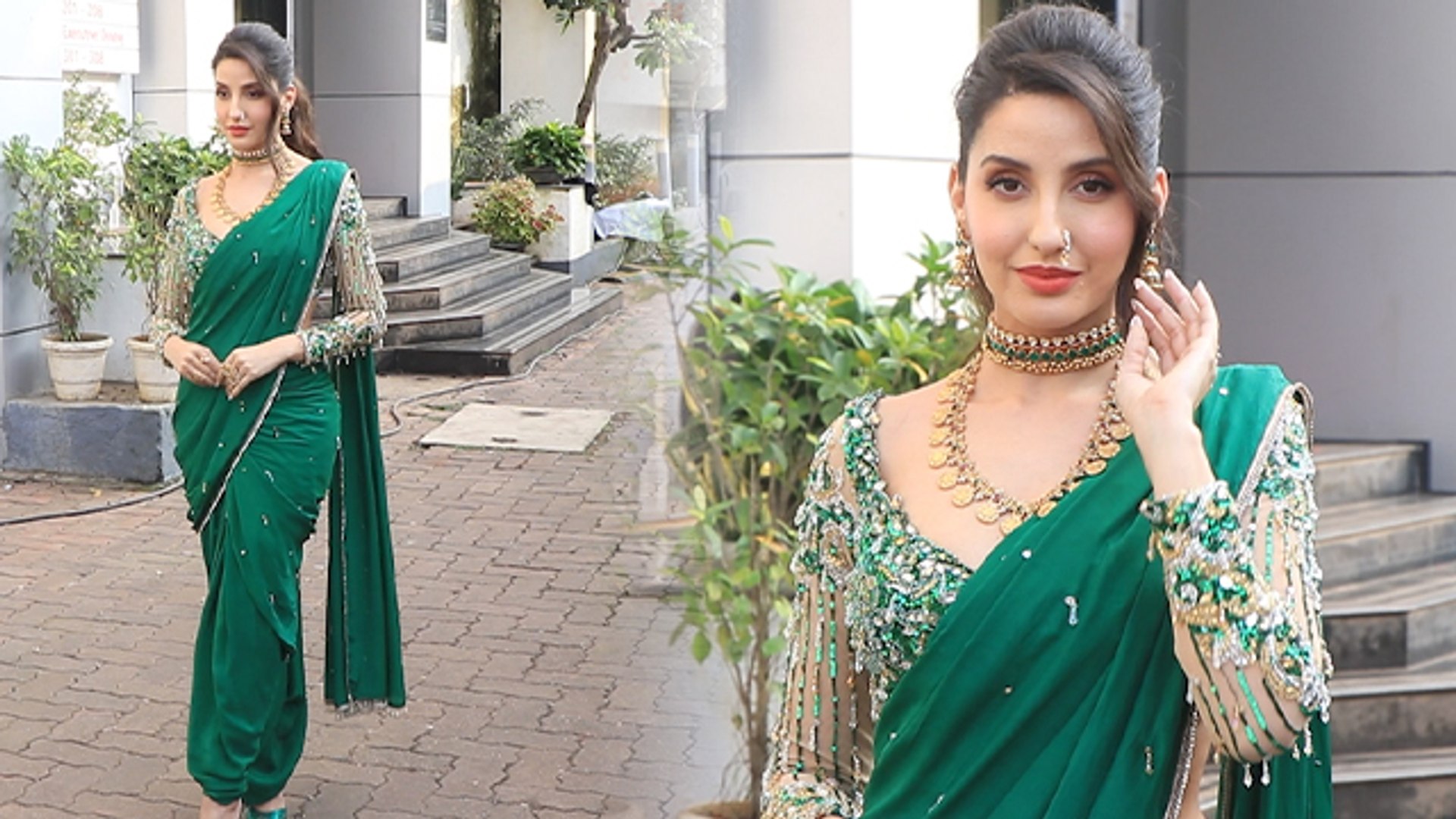 Nora Fatehi Steps Out In A Green Saree And Textured Blouse For Jhalak  Dikhhla Jaa Appearance