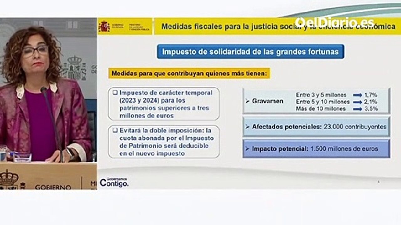 María Jesús Montero: "El potencial recaudatorio de este impuesto asciende a 1.500 millones de euros y los contribuyentes potenciales llegan a los 23.000. Son el 0,01% del total de los contribuyentes"