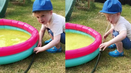 HILARIOUS! Dad gets one over on his toddler with classic water prank
