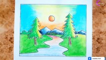 Sunset scenery drawing for kids || Easy drawing || oil pastel colour || #oilpastel #drawing