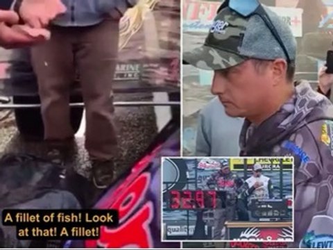 Caught hook, line and sinker! Moment LEAD WEIGHTS are found in professional fishing duo's catch and they are stripped of tournament title and $5,000 prize - as furious crowd berates them