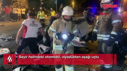Seyir halindeki otomobil refüje çarpıp köprüden aşağıya düştü
