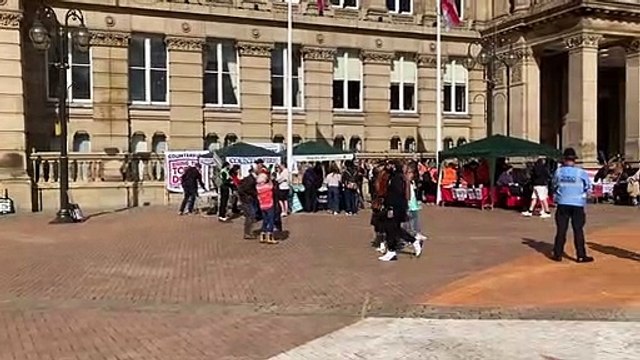 Cost of living protesters begin to arrive in Victoria Square, Birmingham, ahead of demonstration as the Conservative Party Conference gets underway at the ICC