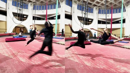 Talented circus duo flexes INSANE chemistry while rehearsing an aerial act