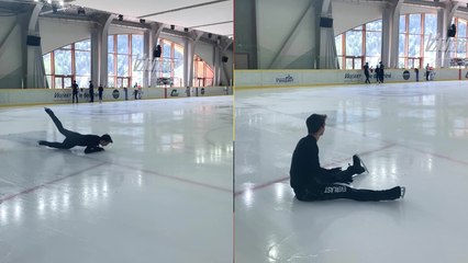 Ice-skater tries spinnin' in the air but gets a whippin' instead