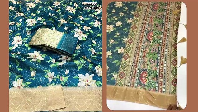 lenin floral digital printed with jacquard weaving border Saree