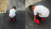 Boy comically tries to pull his feet up with his hands when mom asks him to pick up his feet while running