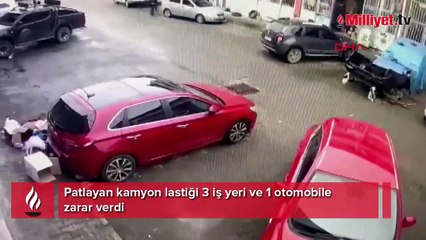 Patlayan kamyon lastiği 3 iş yeri ve 1 otomobile zarar verdi