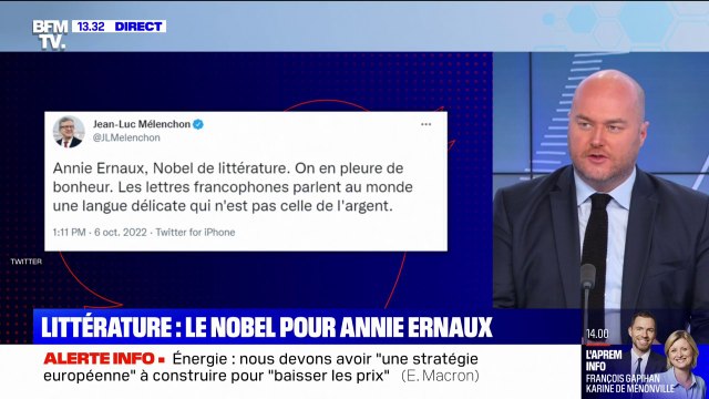 Jean-Luc Mélenchon pleure de bonheur après l'attribution du prix Nobel de littérature à l'écrivaine française Annie Ernaux