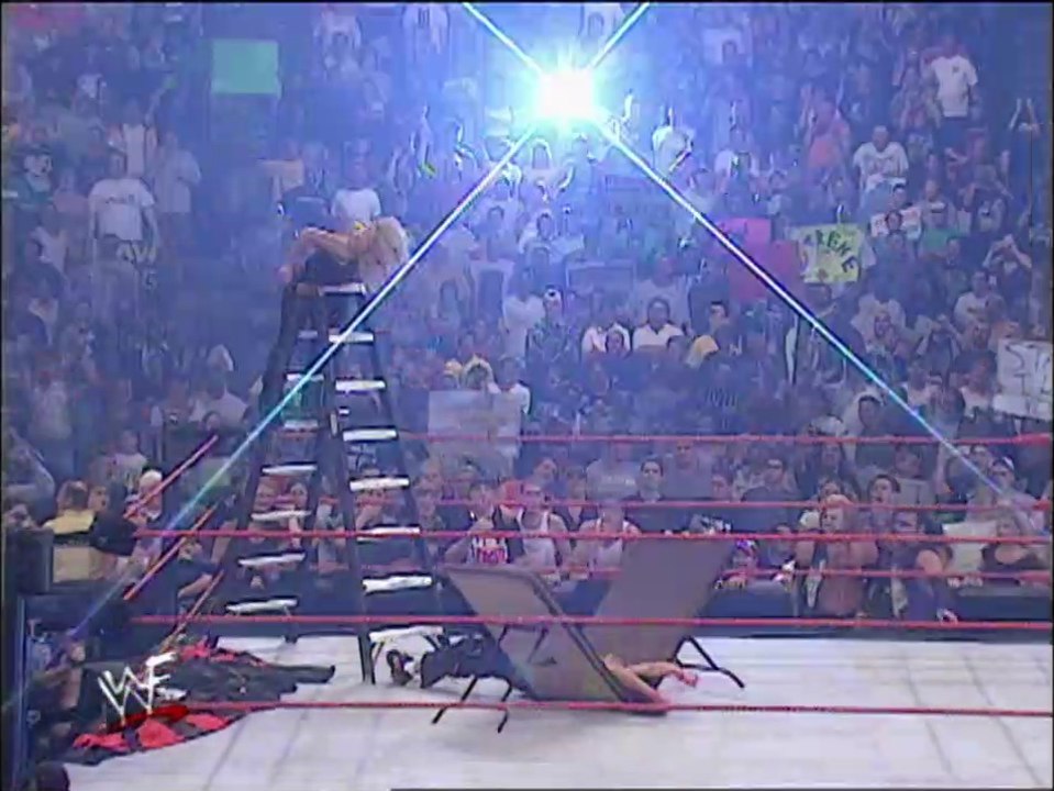Lita Ringside + Trish Stratus Pushes Lita Through Table (RAW IS WAR, July 17, 2000)