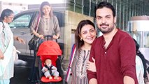 Kajal Aggarwal Seen With Her Cute Baby & Hubby At Airport