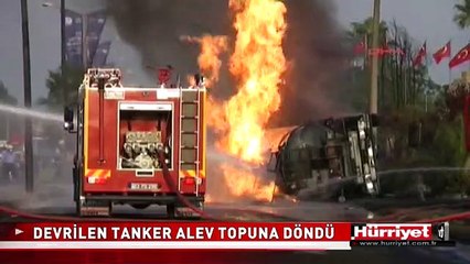 DEVRİLEN TANKER ALEV ALEV YANDI
