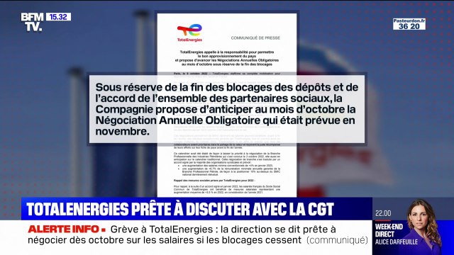 Carburant: les dirigeants de TotalEnergies prêts à anticiper au mois d'octobre la négociation des salaires, si les blocages cessent