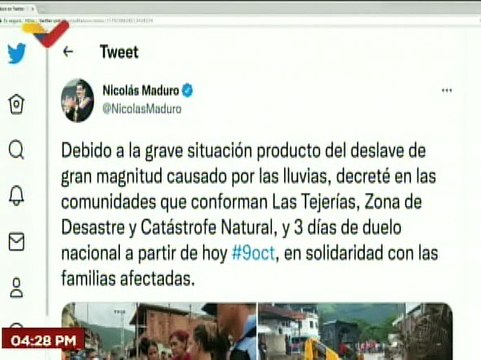 Presidente Nicolás Maduro decretó tres días de duelo y zona de catástrofe natural en Las Tejerías