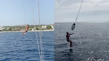 'Can you fly?' - Girl films fiancé riding a sailing rope in the middle of lake