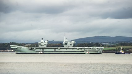 HMS Prince of Wales prepares to dock at Rosyth for repair to the starboard propeller
