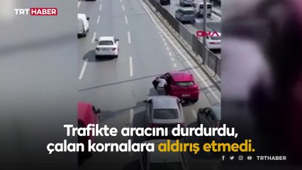 Trafiği durdurup kediyi ezilmekten kurtardı