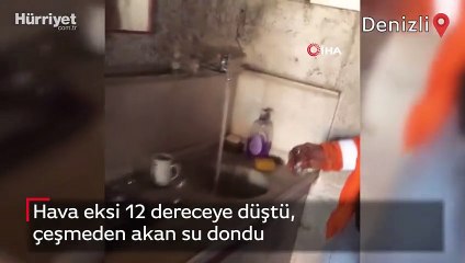 Hava eksi 12 dereceye düştü, çeşmeden akan su dondu