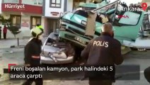 Ankara'da freni boşalan kamyon, park halindeki 5 araca çarptı