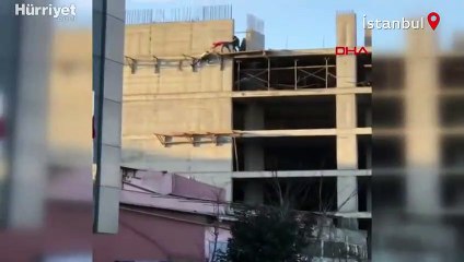 Sultangazi'de inşaat işçisinin hiçbir önlem almadan tehlikeli çalışması kamerada