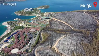 Milas'taki yangında zarar gören 80 hektarlık ormanlık alan havadan görüntülendi