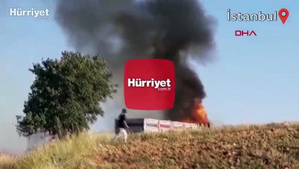 Arpa yüklü kamyon alev alev yandı