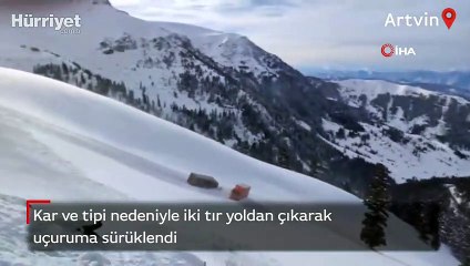Kar ve tipi nedeniyle iki tır yoldan çıkarak uçuruma sürüklendi