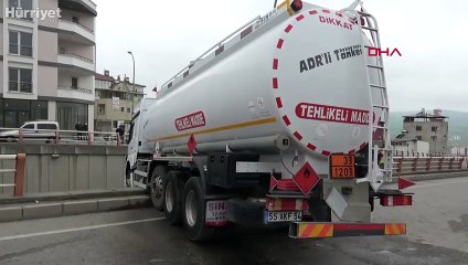 El freni çekilmeyen tanker alt geçit korkuluklarında asılı kaldı