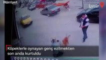 Köpeklerle oynayan genç ezilmekten son anda kurtuldu