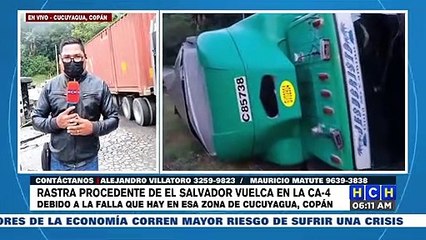 Camión con placas salvadoreñas sufre percance en la dañada CA-4, Cucuyagua Copán