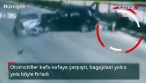 Adana'da feci kaza! Otomobiller kafa kafaya çarpıştı, bagajdaki yolcu yola fırladı