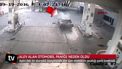 Akaryakıt istasyonunda alev alan otomobil paniğe neden oldu