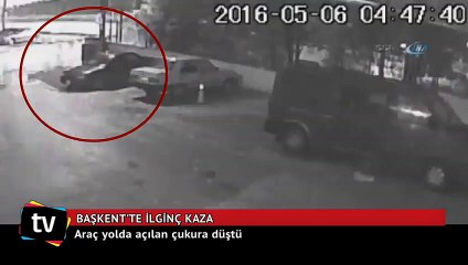 Ankara'da otomobil çöken yoldaki çukura düştü