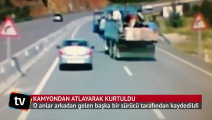 Freni patlayan kamyondan böyle atladı