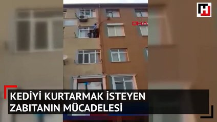 Kediyi kurtarmak isteyen zabıtanın mücadelesi