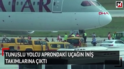Tunuslu yolcu aprondaki bir uçağın iniş takımlarına çıktı
