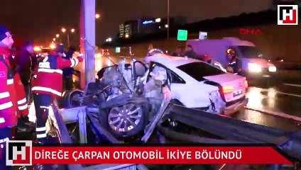 Direğe çarpan otomobil ikiye bölündü