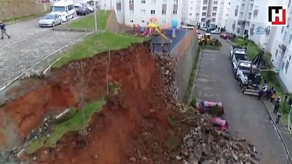 Trabzon'da çöken istinat duvarı havadan görüntülendi