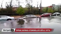 Toprak kayması otomobilleri böyle yuttu